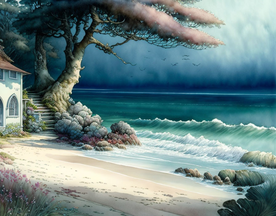 Tranquil coastal landscape with blooming tree and beach view