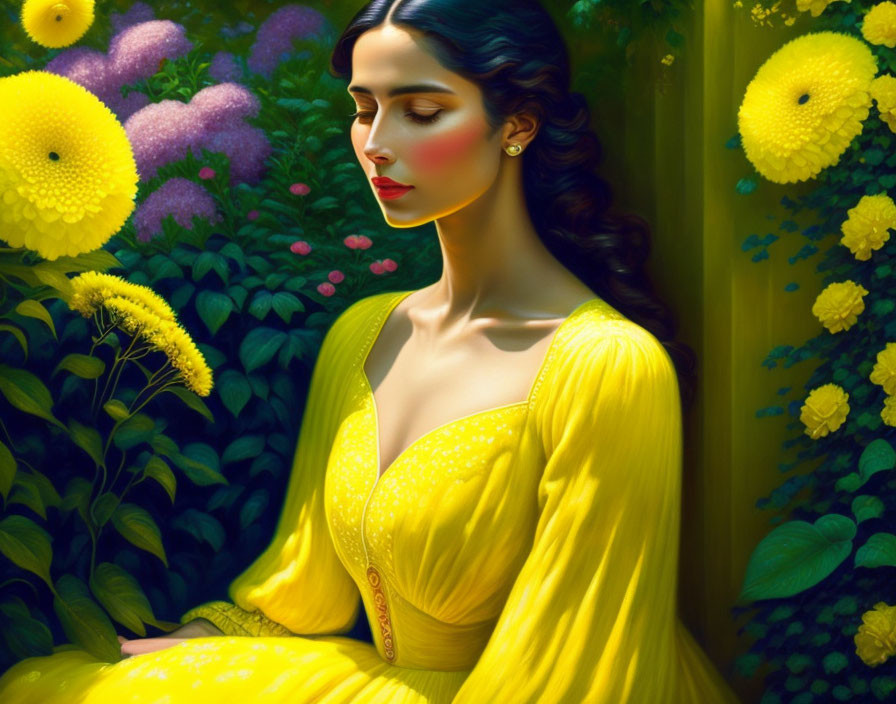 Woman in Yellow Dress Surrounded by Vibrant Garden