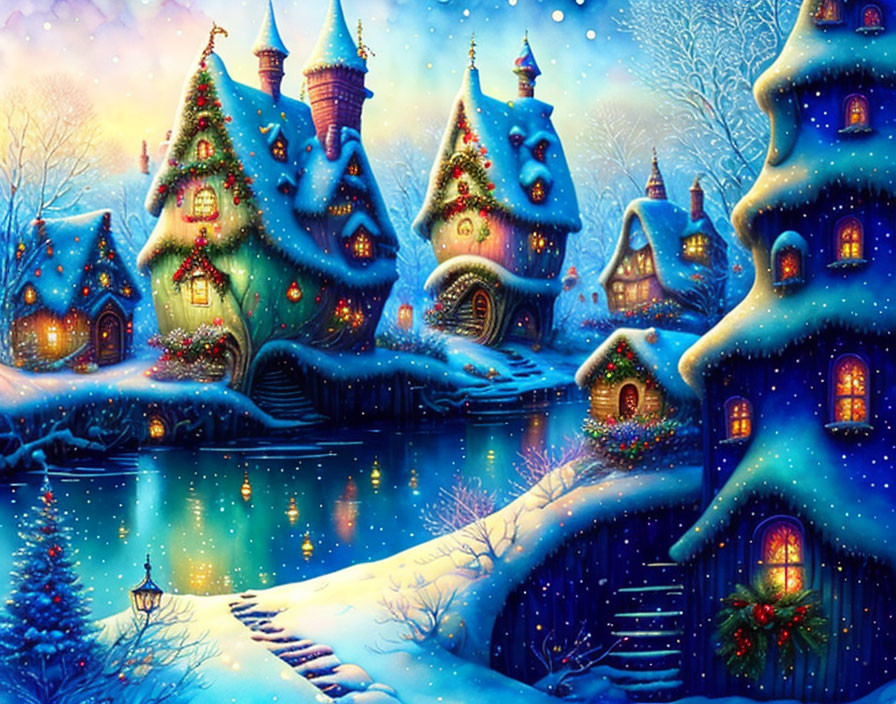 Snow-covered fairy-tale cottages in tranquil winter scene