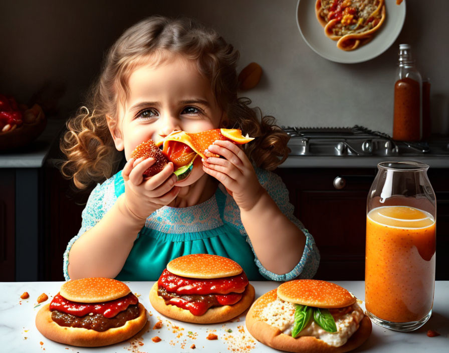 Child happily eating sandwich at table with various sandwiches and orange juice.