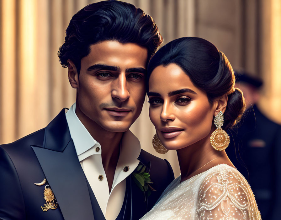 Stylish couple in elegant wedding attire with man in tuxedo and woman in bridal gown