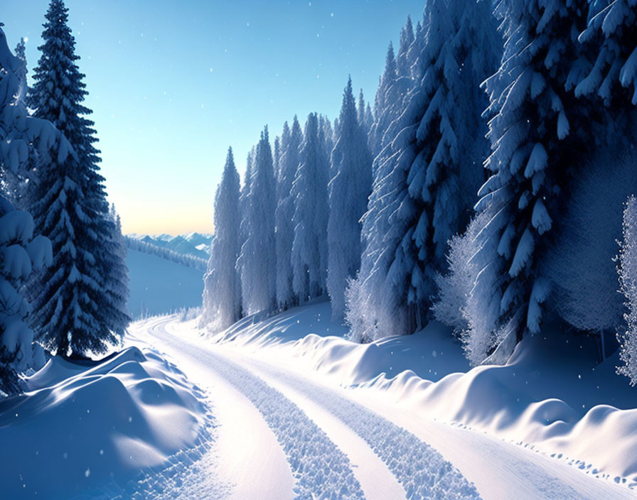 Winter scene: Snow-covered trees, winding path, serene landscape