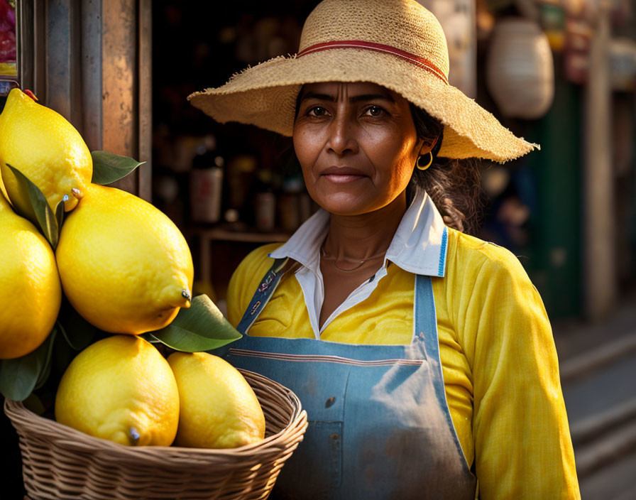 Woman in straw hat at market with lemons basket