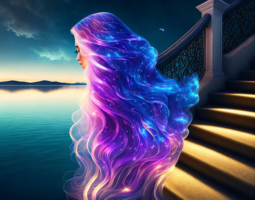 Woman with Galaxy Hair Sitting by Nighttime Seascape