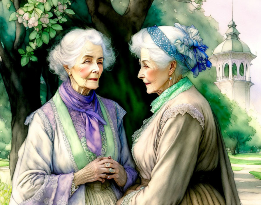 Elderly women in blue headscarf and purple shawl chat outdoors