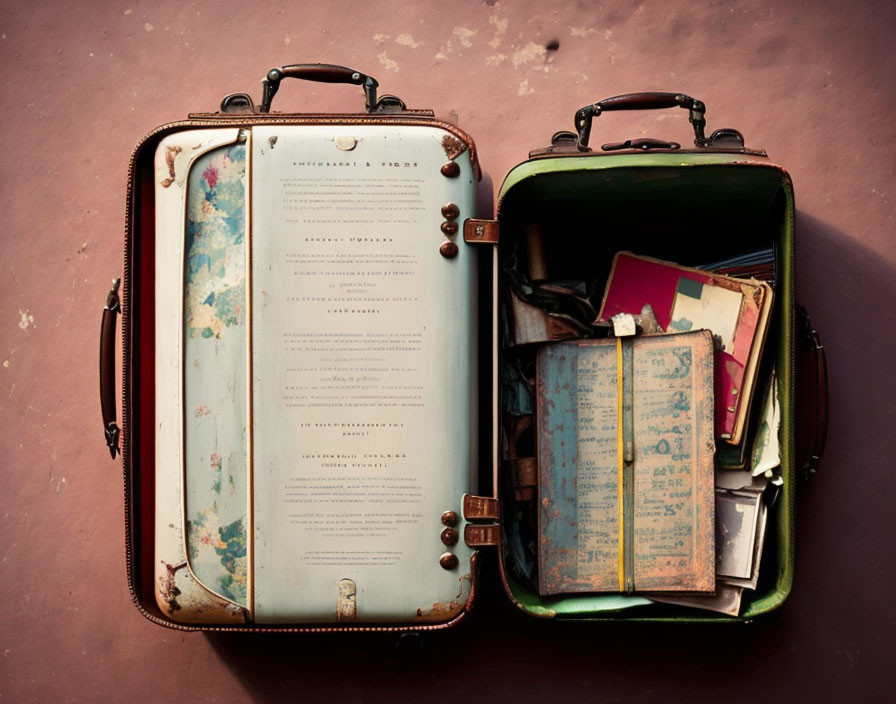 old tattered suitcase, open and full of names, 