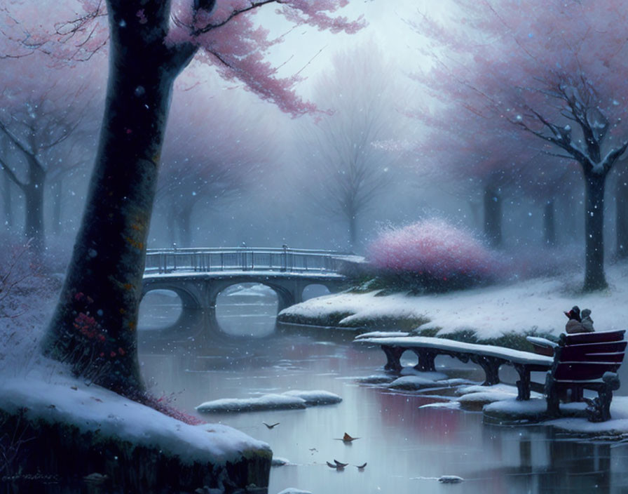 Snow-covered winter landscape with couple on bench, cherry blossoms, frozen river, and mist.