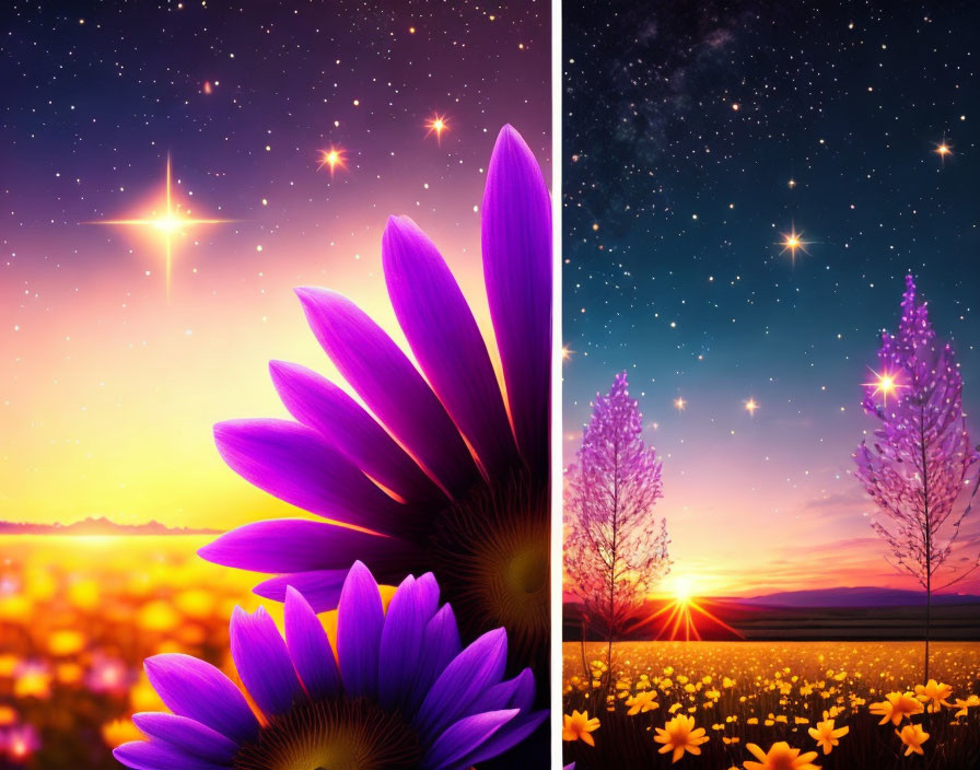 Split image: Purple flowers under starry night sky vs. sunset with illuminated trees