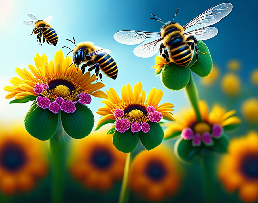 Bright Yellow-Orange Flowers with Bees in Nature Scene