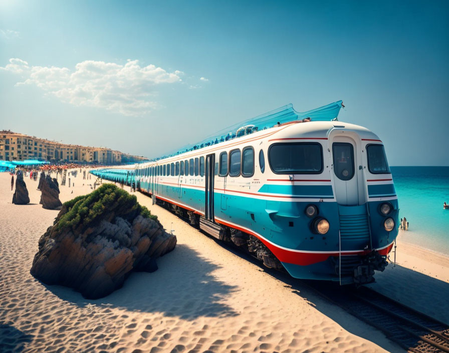 Vintage train on sandy beach with clear blue sky and people in background