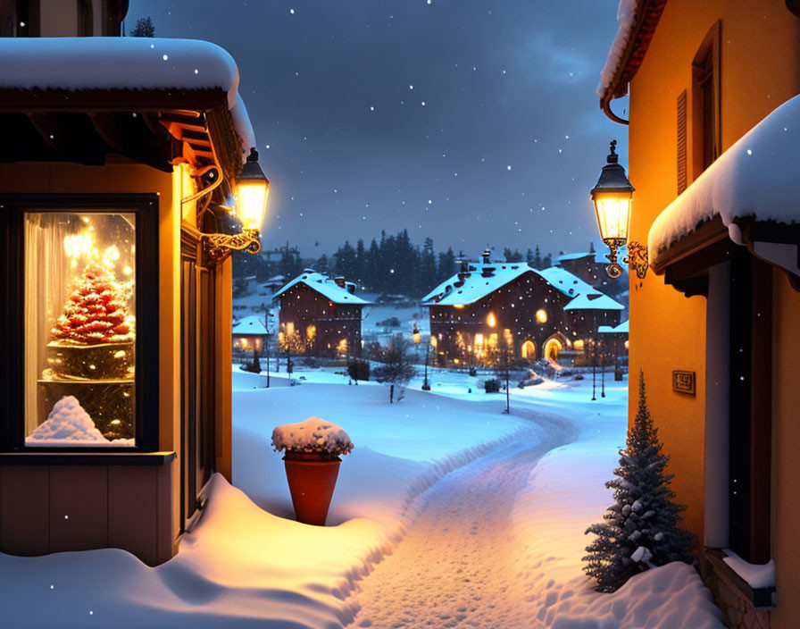 Snowy Evening Scene: Quaint Village, Lit Street Lamps, Christmas Tree, Snowfall