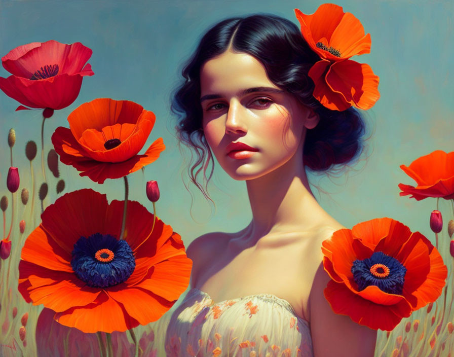 Woman surrounded by red poppies on blue background