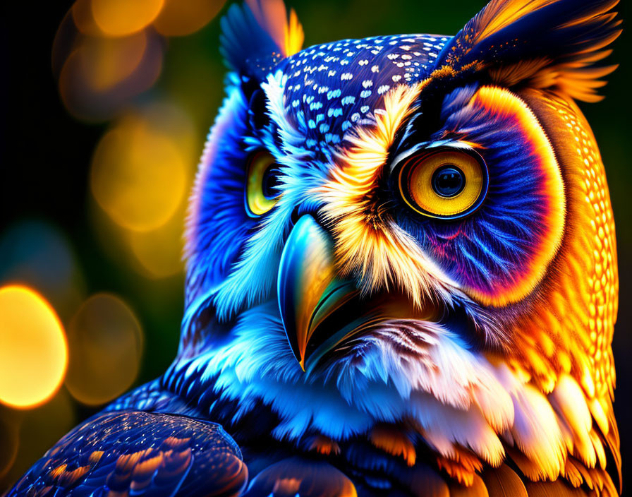 Colorful Owl Digital Art Illustration with Bold Patterns on Bokeh Background