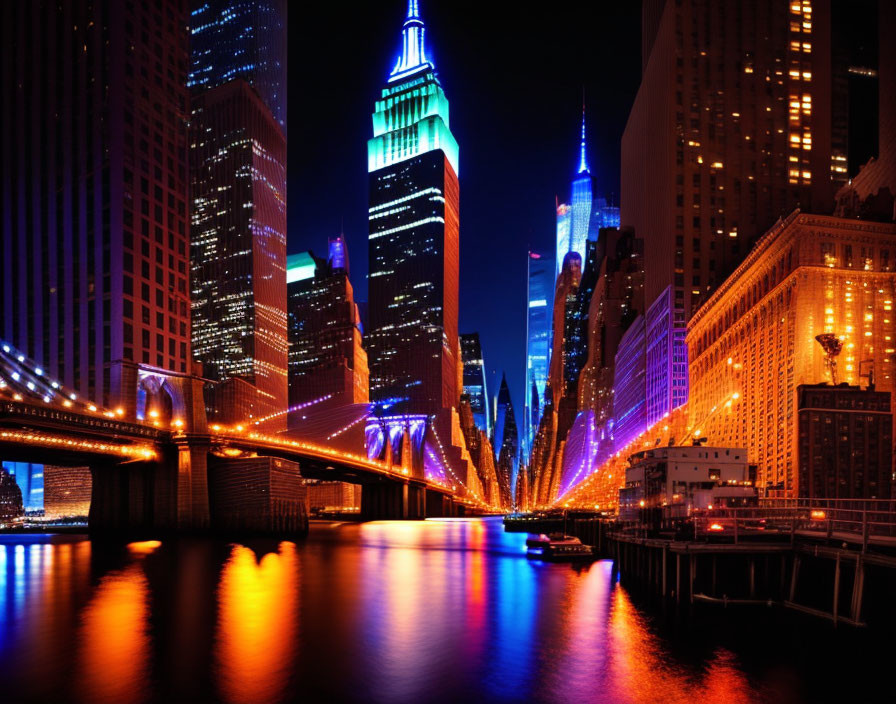 Nighttime cityscape: illuminated skyscrapers, river reflections, bridge.