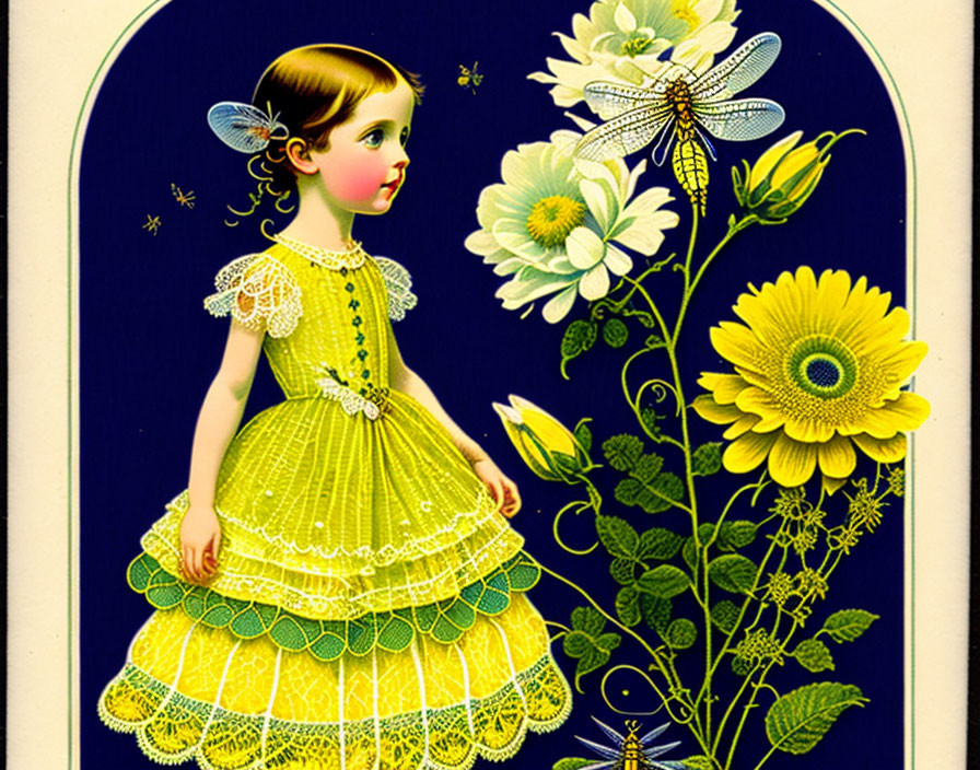 Young girl with wings in yellow dress among oversized flowers on blue background