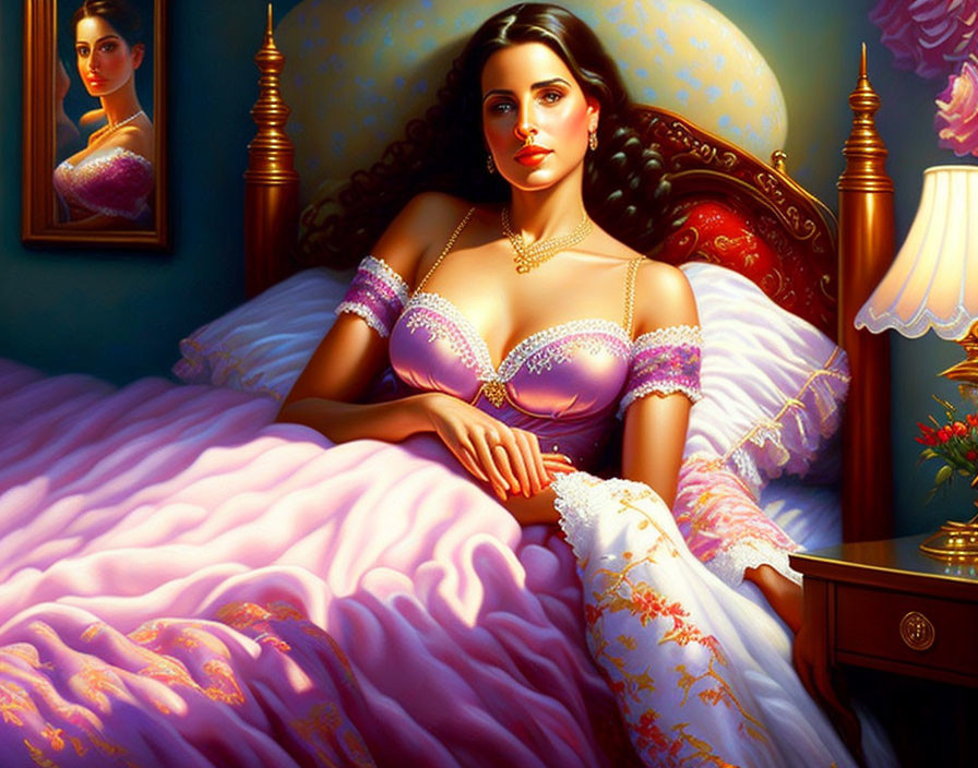 Dark-haired woman in purple dress reclining on bed with pink and white bedding and painting in background