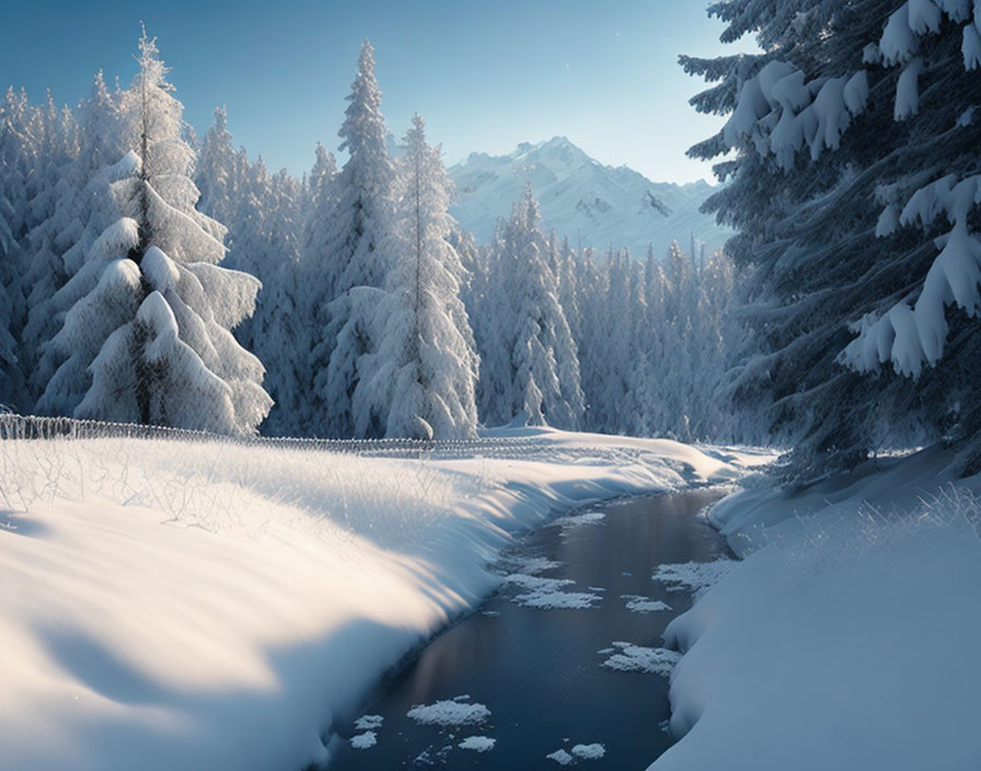 Snow-covered pine trees, flowing river, distant mountains: Serene winter landscape