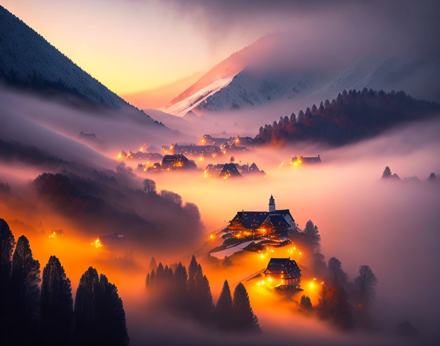 Scenic village in misty valley with warm lights and mountain backdrop