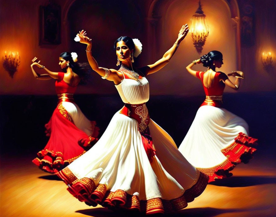 Traditional Indian Attire: Three Dancers Perform Classical Dance