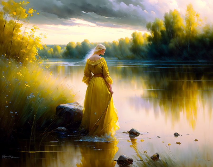 Woman in Yellow Dress by Tranquil River at Sunset