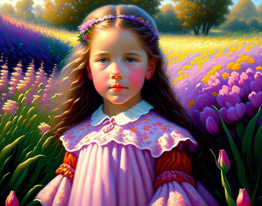 Young girl in pink dress among vibrant tulip field under soft sunlight