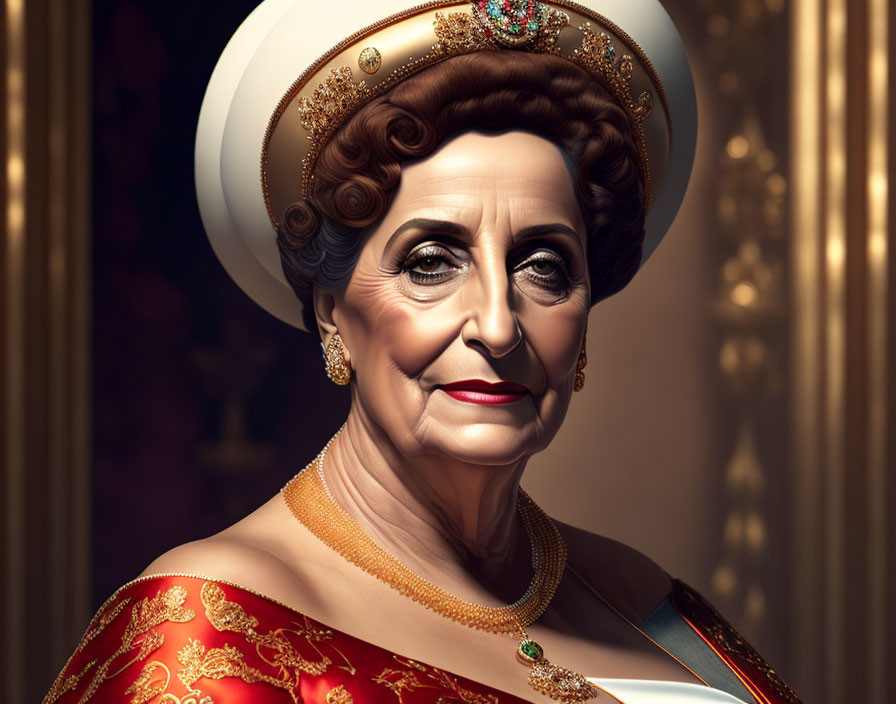 Regal older woman in elegant attire and tiara.