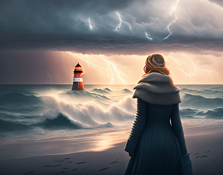 Woman observing stormy sea with lighthouse and lightning sky