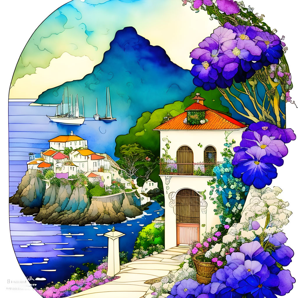 Coastal village scene with purple flowers, white houses, terracotta roofs, and sailboats