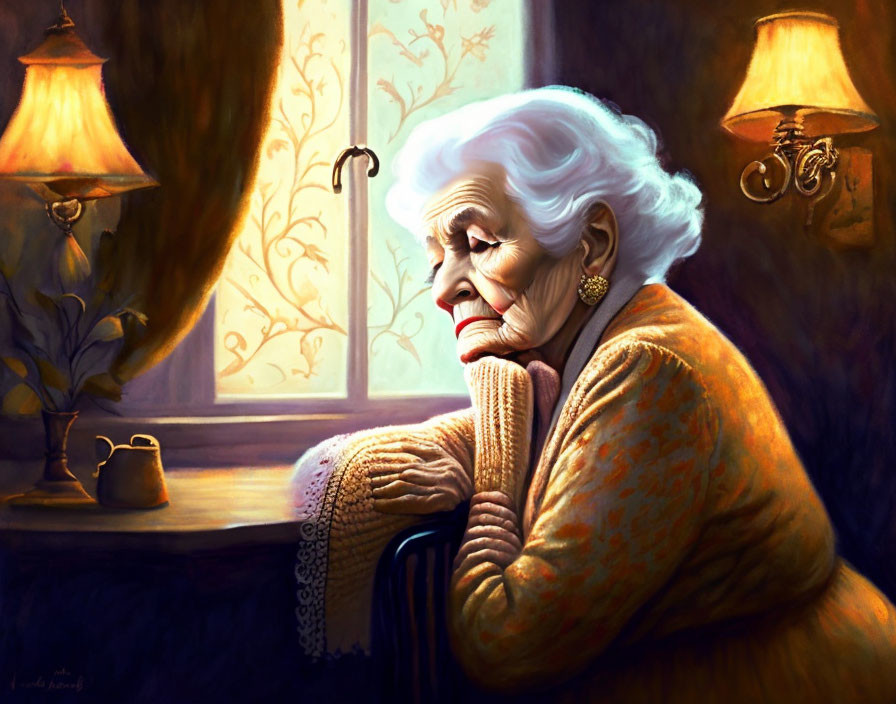 Elderly woman with white hair and earrings by window with cane