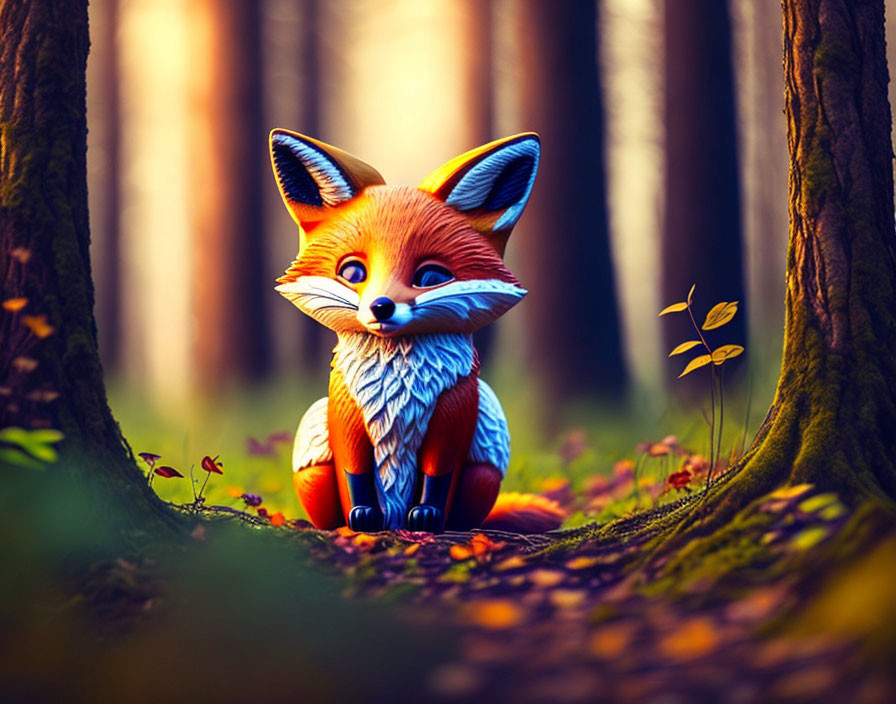 Colorful Stylized Fox Among Autumn Leaves in Tranquil Forest