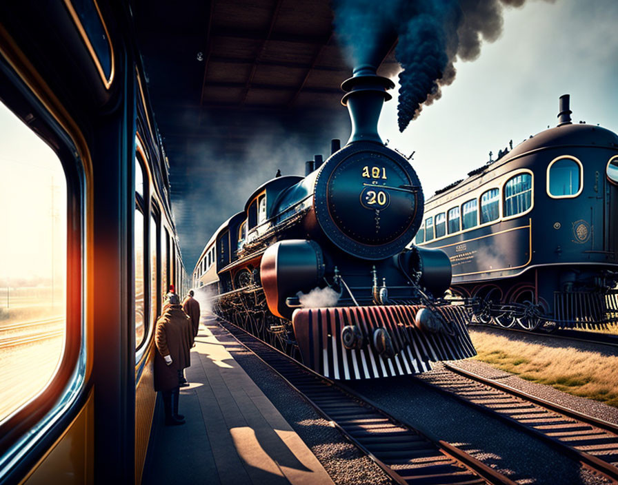 Vintage train station scene with person and passing locomotive viewed from carriage window