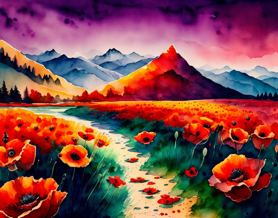 Colorful Watercolor Landscape with Red Poppies and Mountains