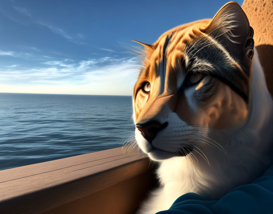 Realistic Tiger with Human-like Eyes by the Sea