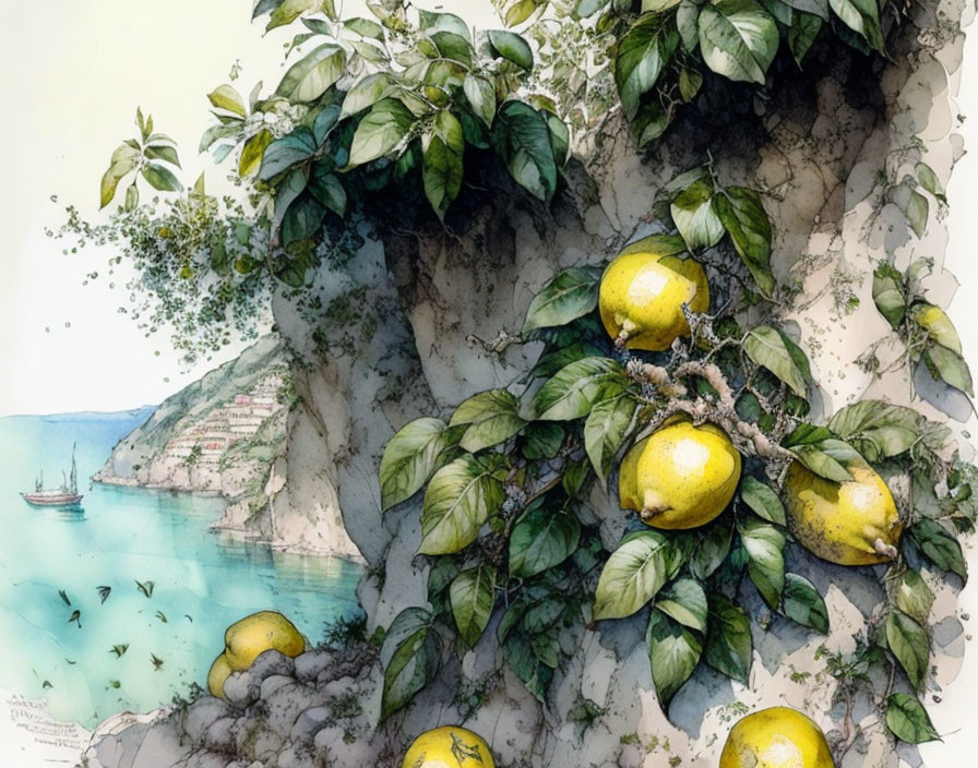 Ripe Lemons Watercolor Illustration Overlooking Serene Bay