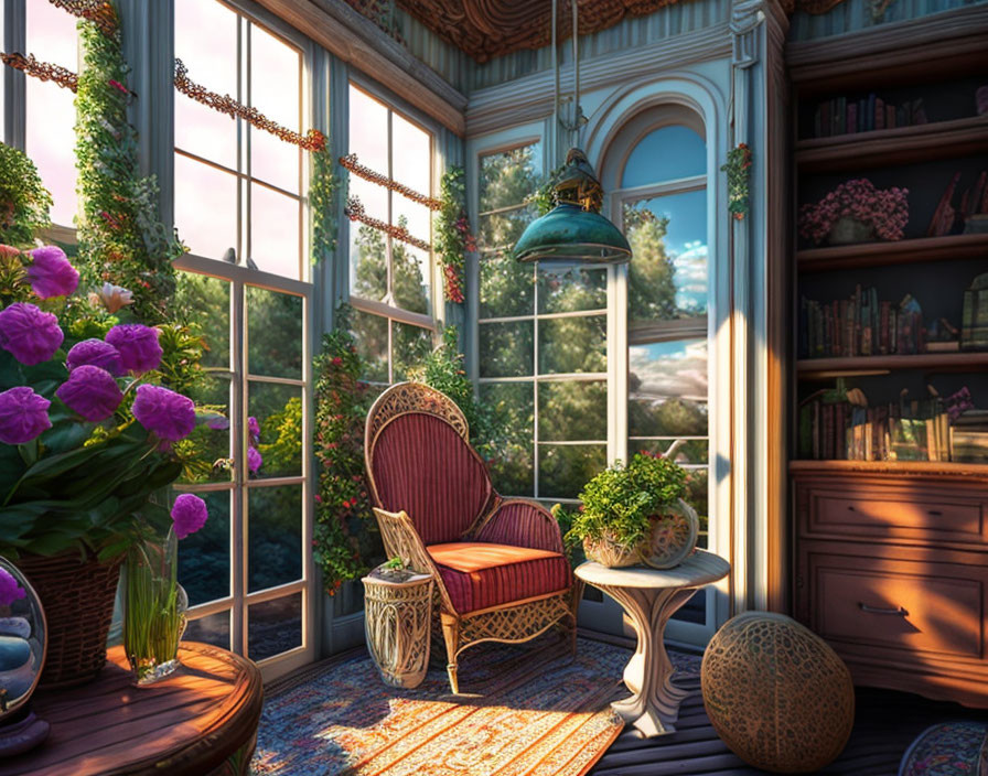 Inviting reading space with wicker chair, plants, bookshelves, and sunlight