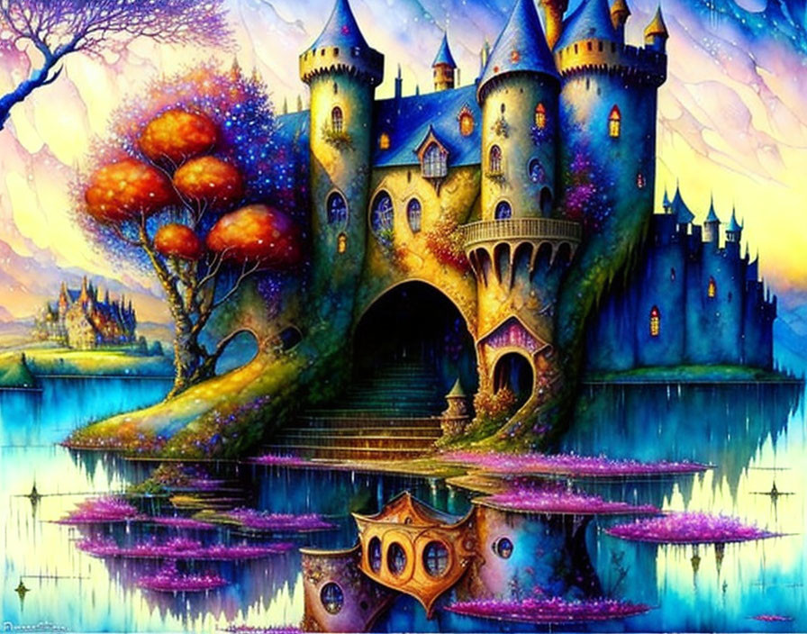 Colorful fantasy castle surrounded by water and trees at twilight