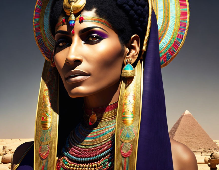 Ancient Egyptian woman with traditional attire in desert pyramid setting