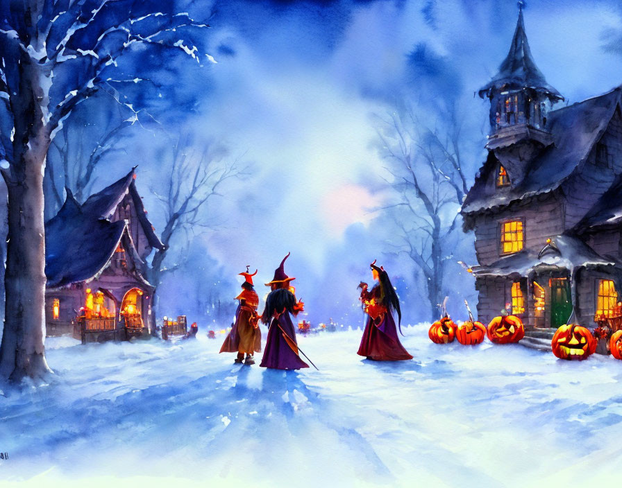 Three witches in winter twilight near cozy cottage and pumpkins