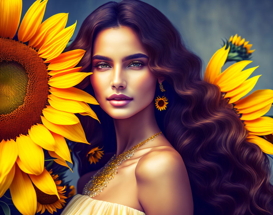 Digital art portrait of woman with flowing hair and sunflower-themed jewelry