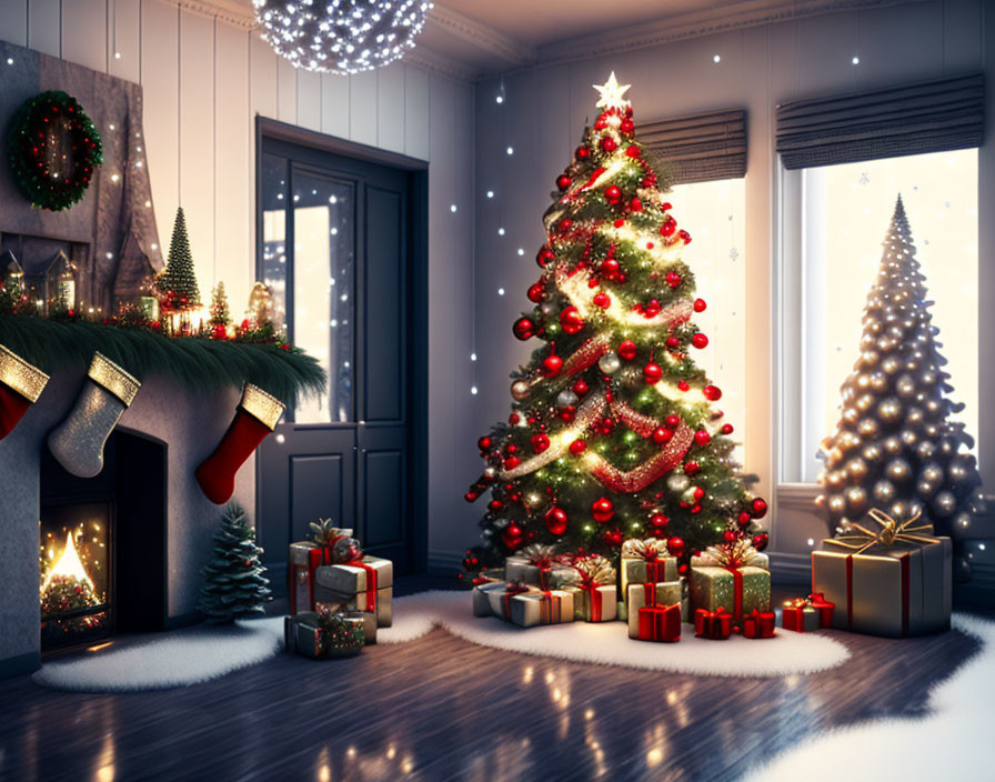 Festive Christmas interior with decorated tree, fireplace, and gifts