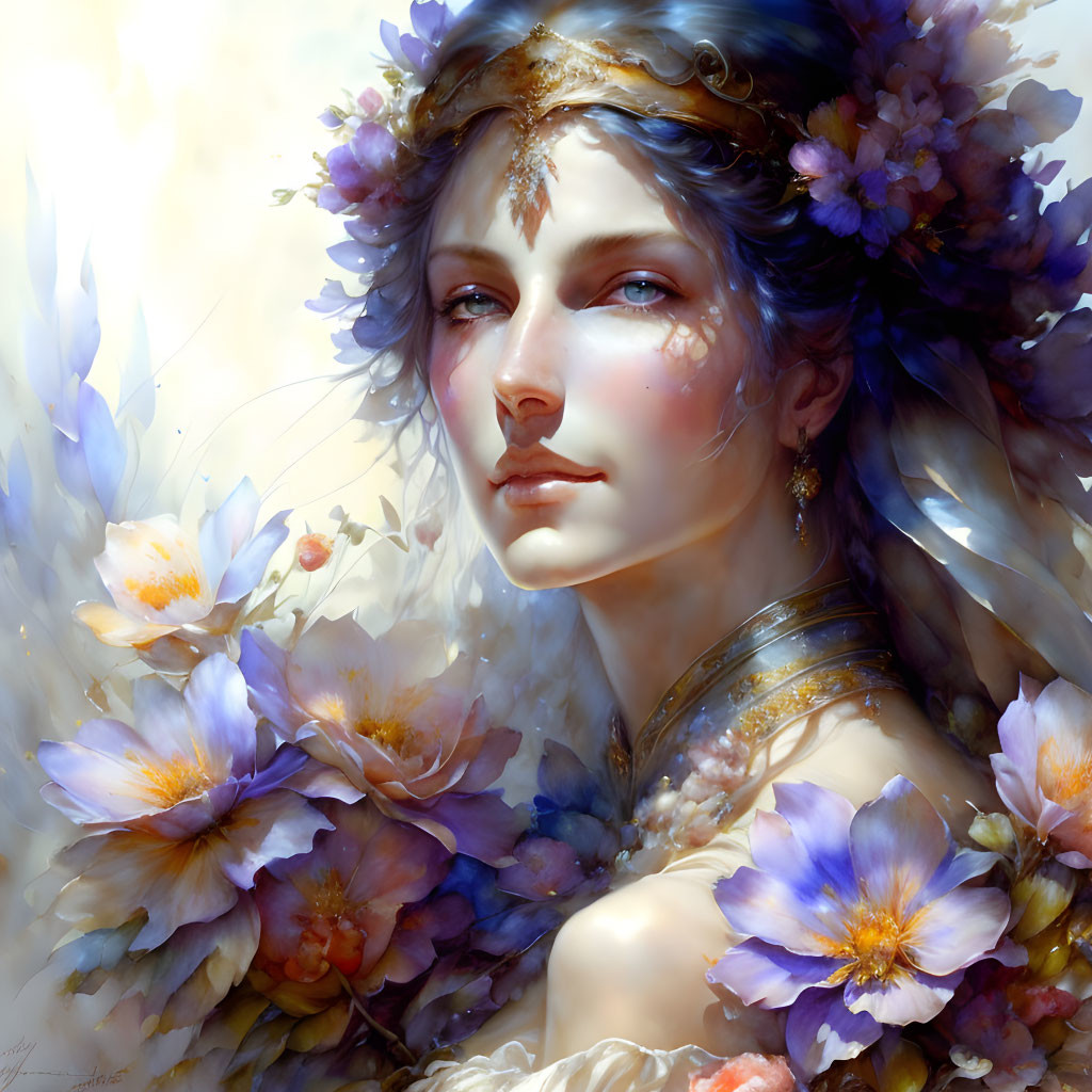 Ethereal woman with floral crown in serene setting