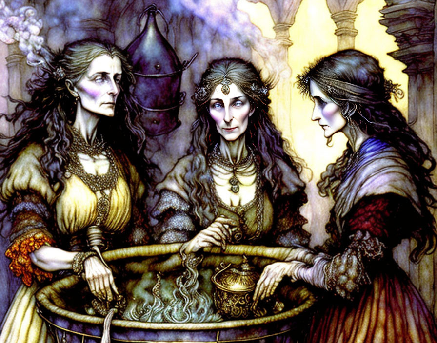 Mystical women around cauldron with dark figure in ethereal setting