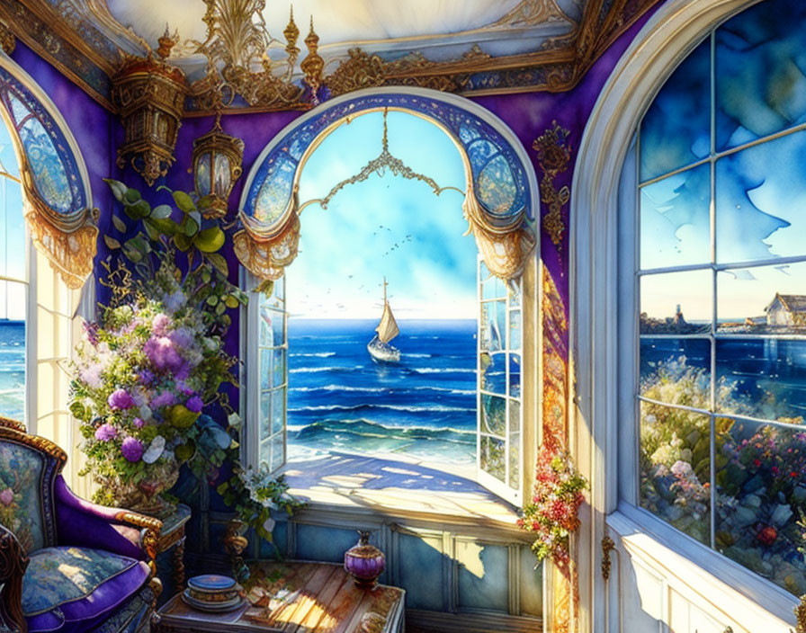 Ornate room with sea view, sailing ship, elegant furnishings, vibrant plants, and blue sky