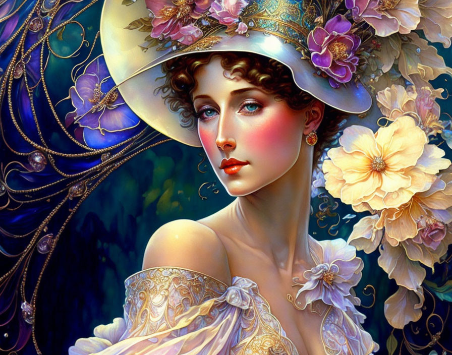 Detailed Portrait of Woman in Elaborate Floral Hat