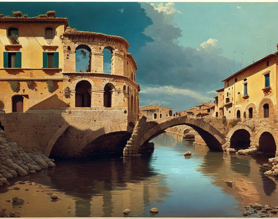 Historic stone bridge over calm river with old buildings and blue sky