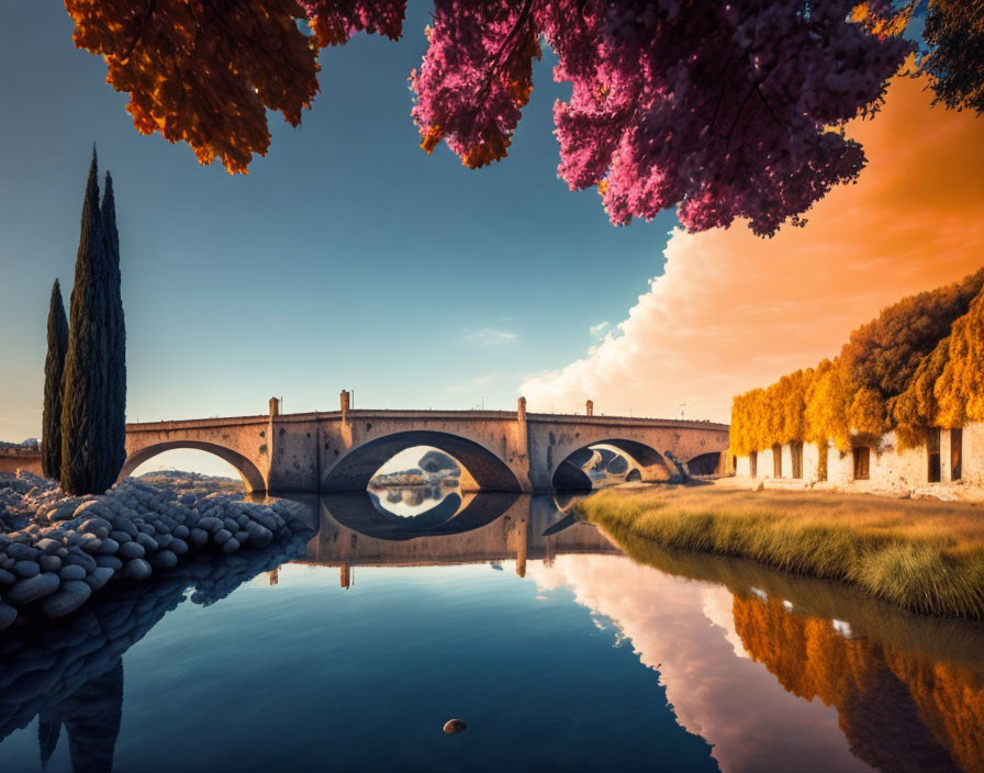 Stone arch bridge over serene river with autumn trees under blue sky