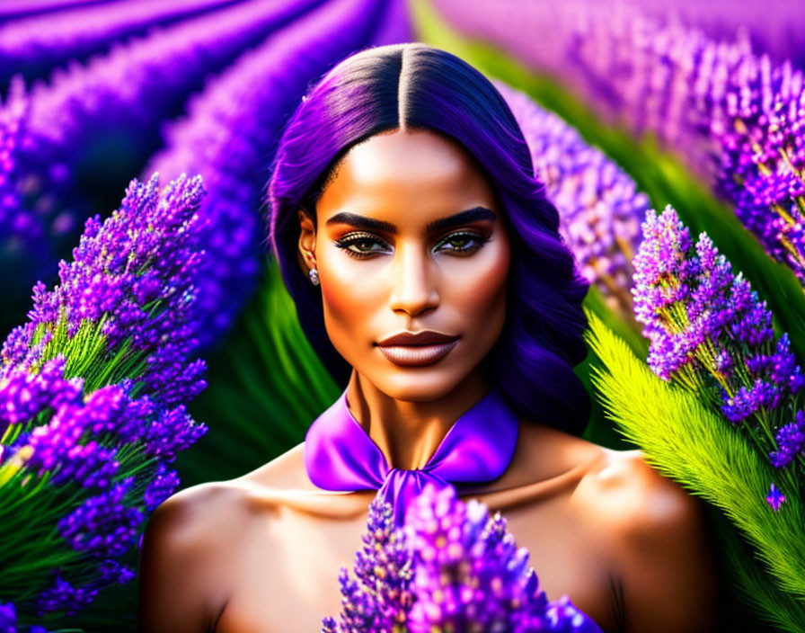 Woman with Purple Hair in Lavender Fields and Silk Scarf