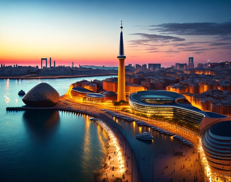 Modern waterfront cityscape at sunset with tower, spherical buildings, and luminescent architectures.