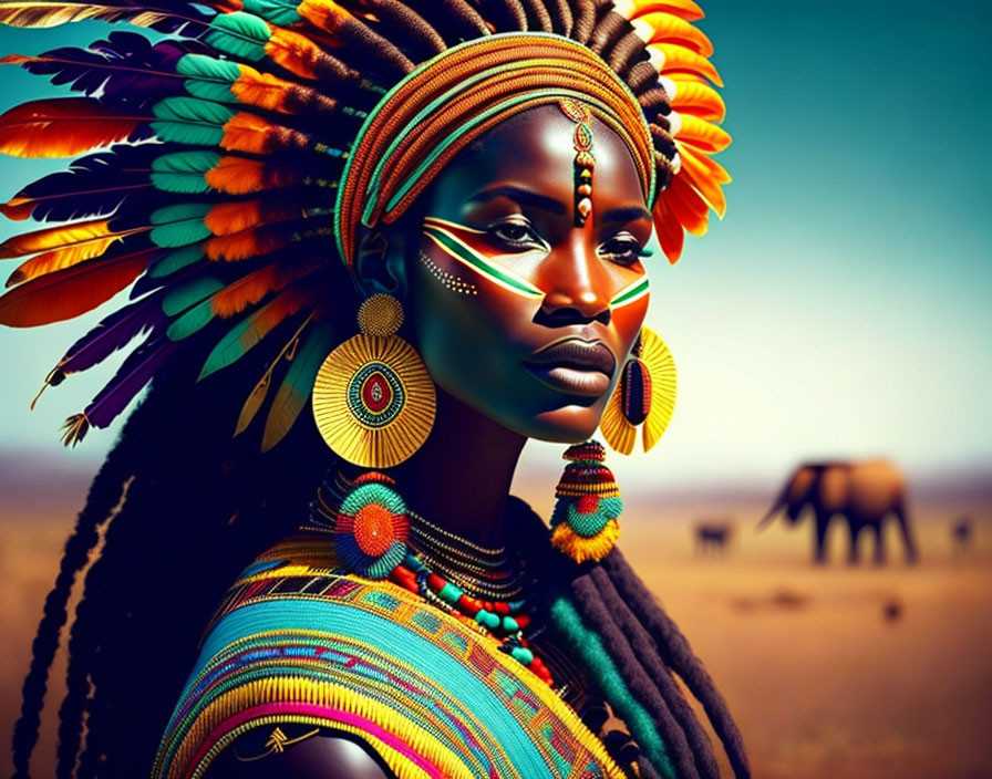 Colorful Digital Portrait of Woman with Beads, Headdress, and Elephants