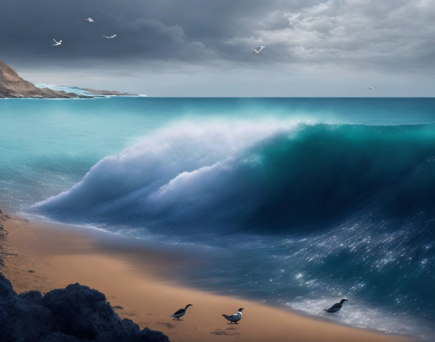 Towering Wave and Seagulls in Dramatic Coastal Scene